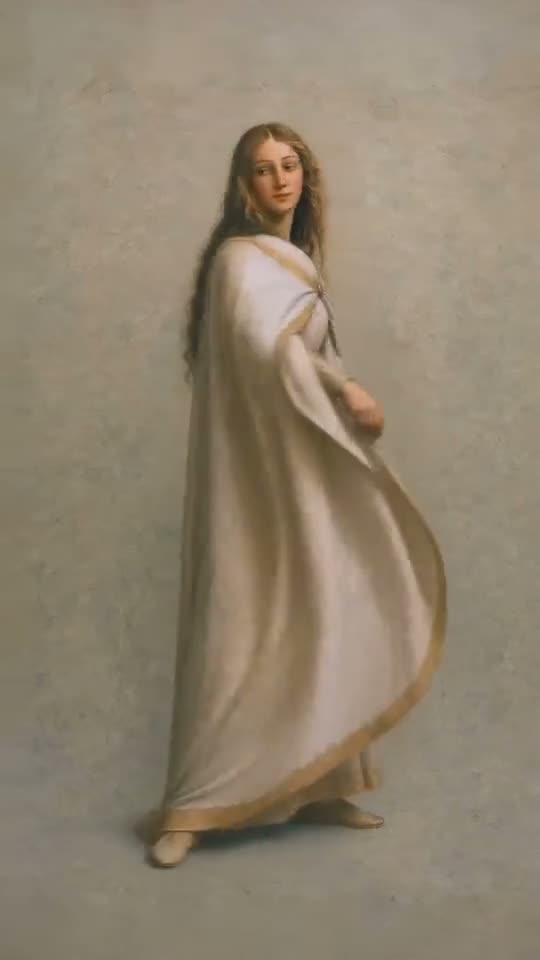 A painted figure in a flowing white and gold robe, mid-dance on a plain ground.